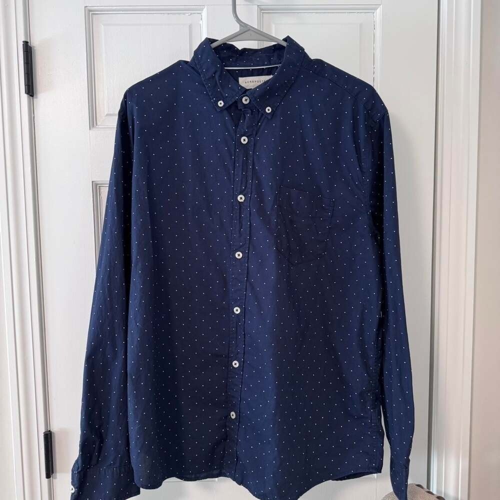 Aeropostale Mens Navy Blue Polka Dot Long Sleeve Button Down Shirt Size L